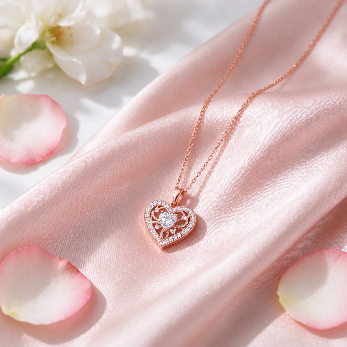 Women's Rose Gold Heart CZ Necklace