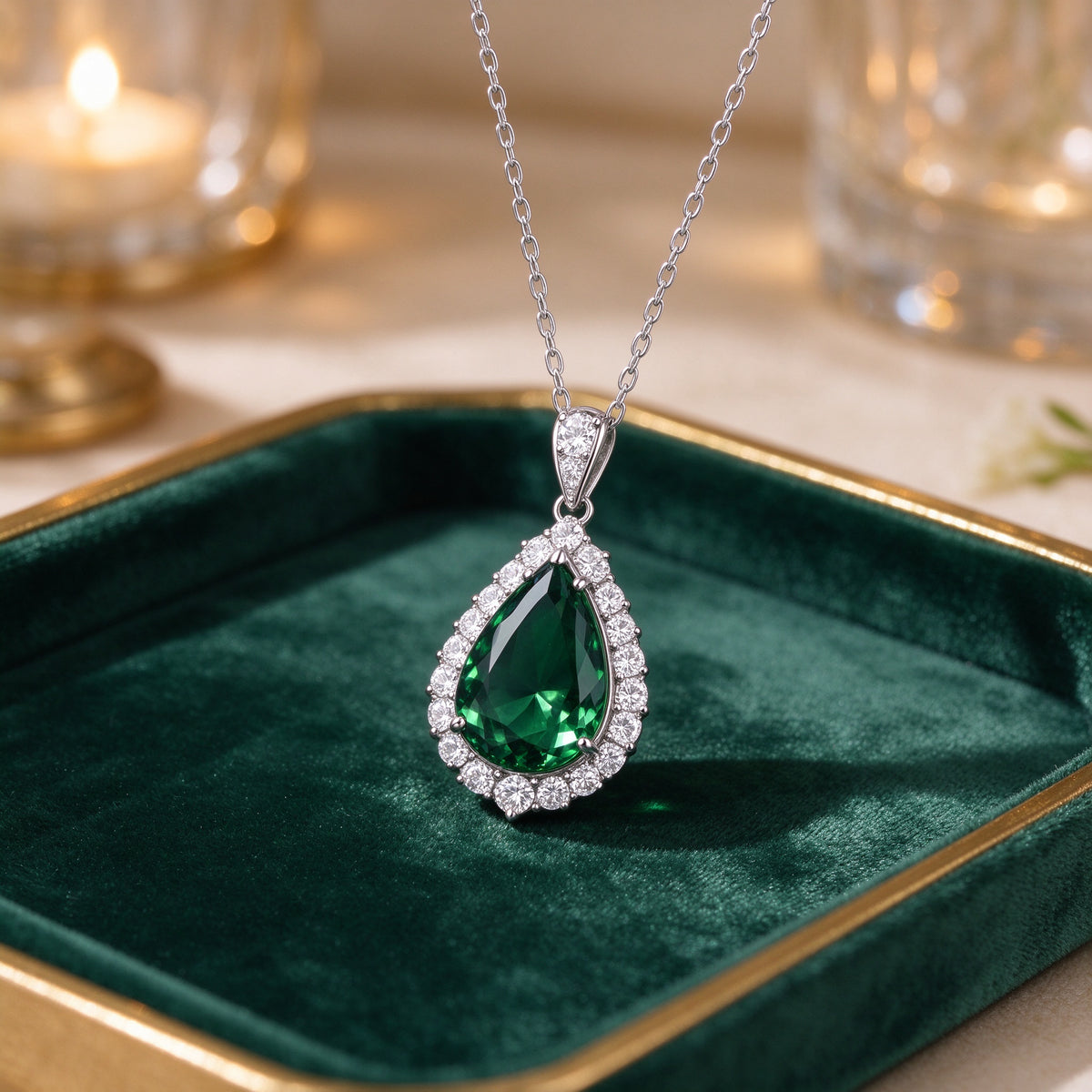 Women's Teardrop Emerald Halo Necklace