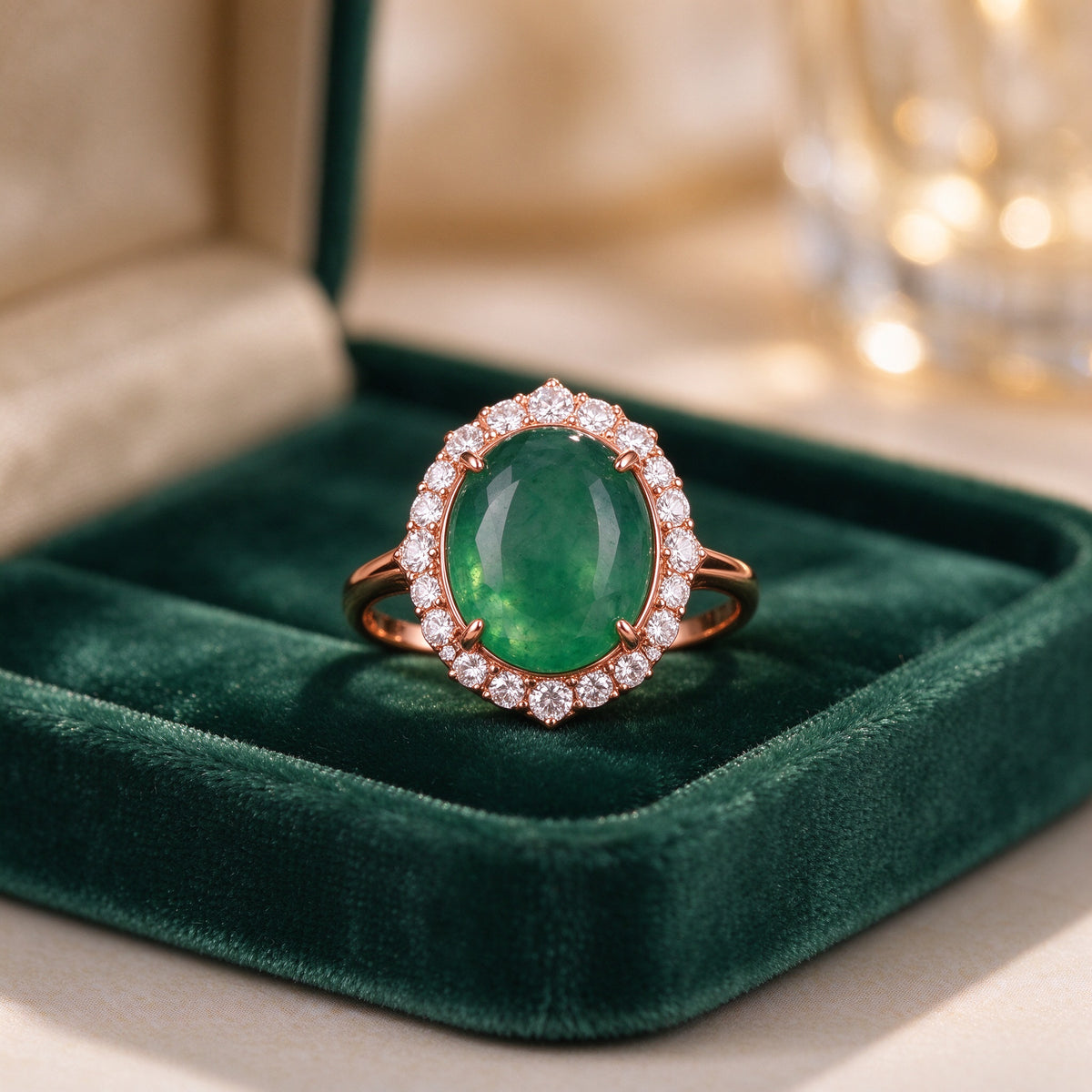 Women's Rose Gold Emerald Halo Ring