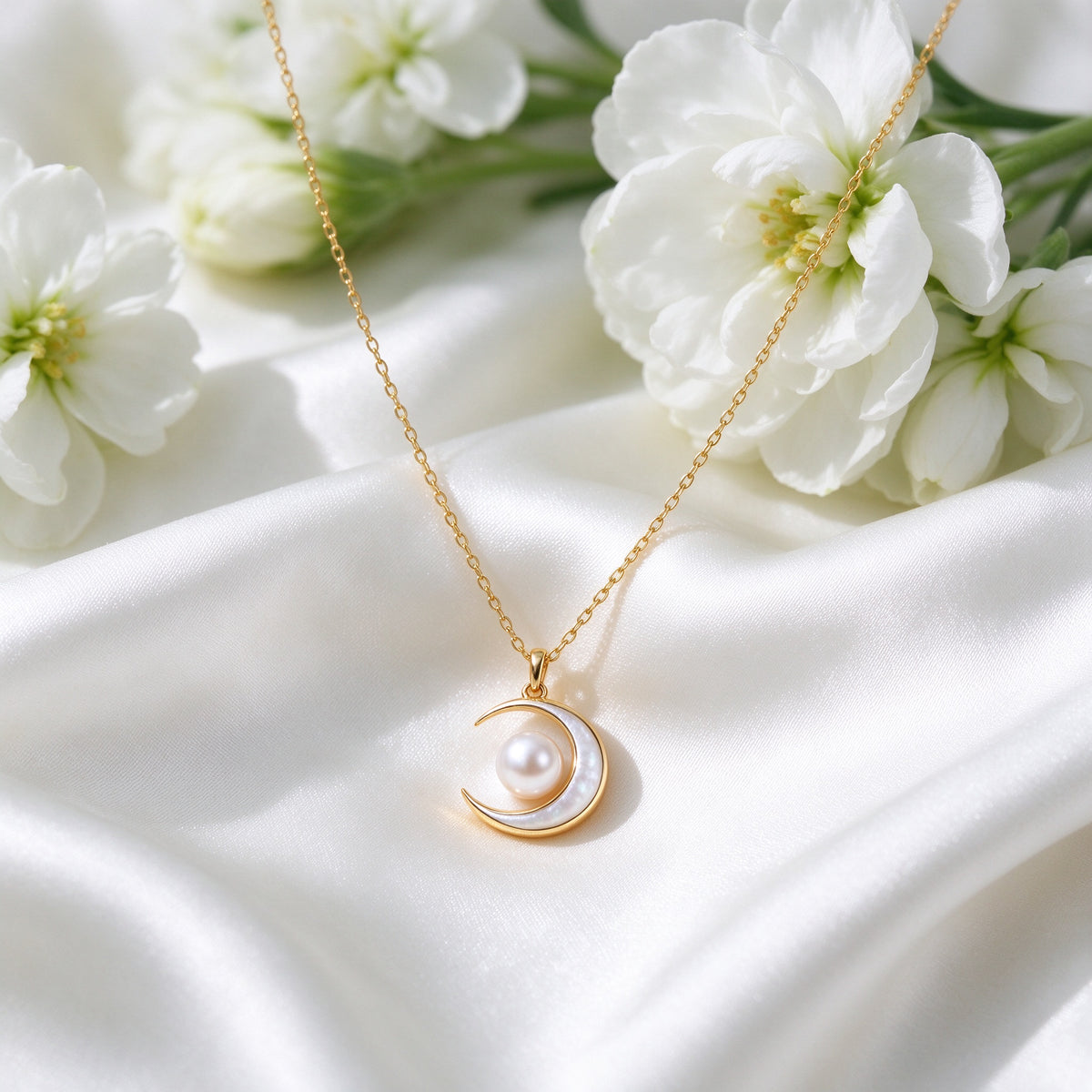 Women's Crescent Moon Pearl Necklace