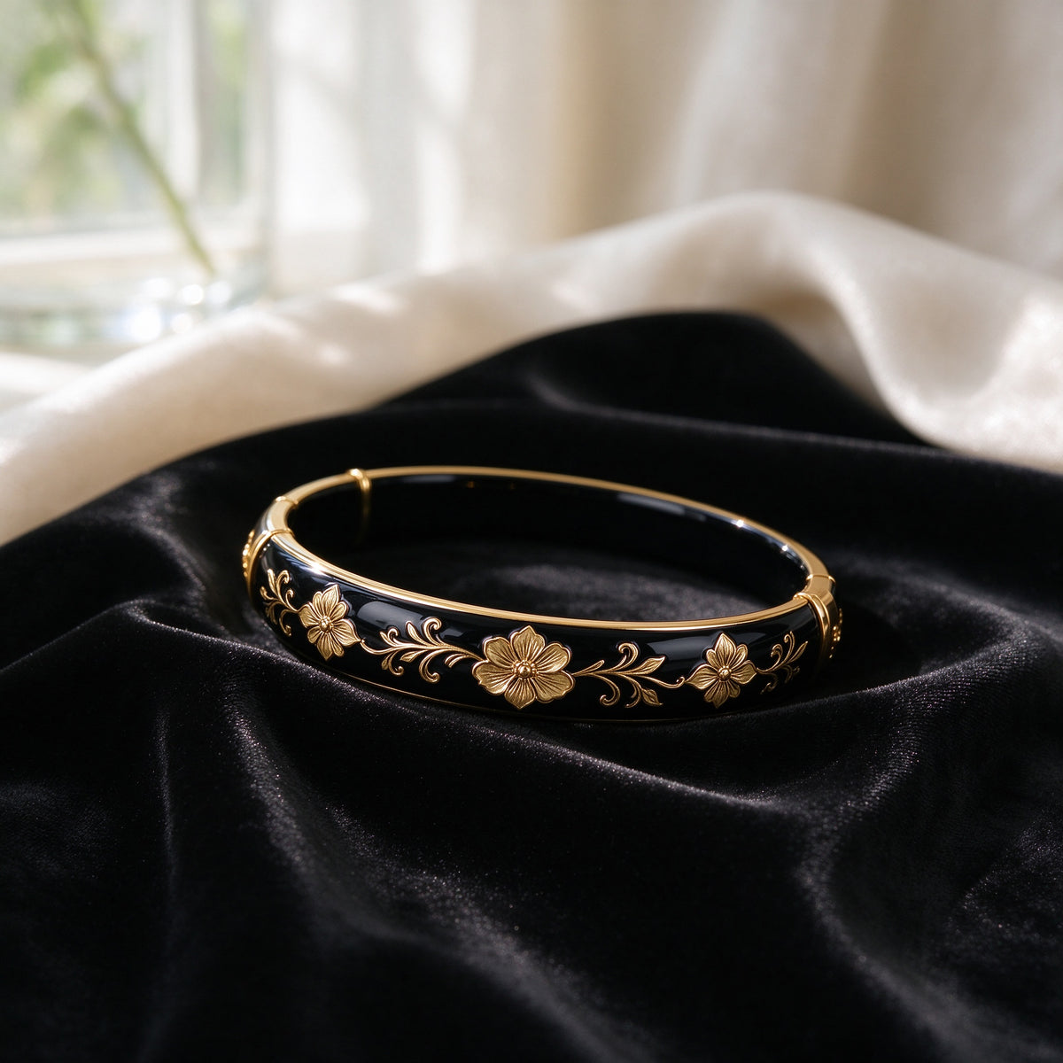 Women's Black Enamel Floral Bangle