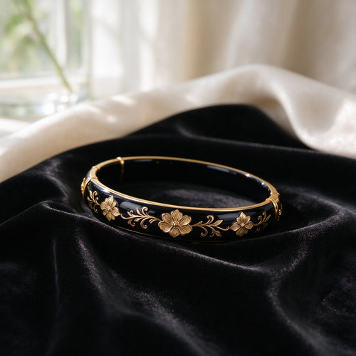 Women's Black Enamel Floral Bangle