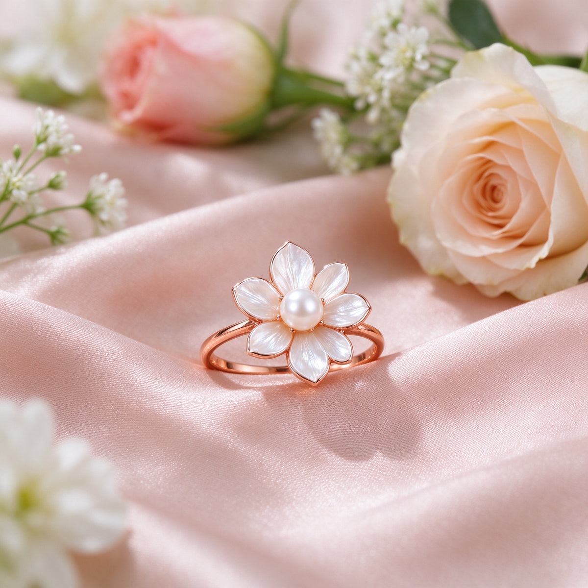 Women's Rose Gold Pearl Flower Ring